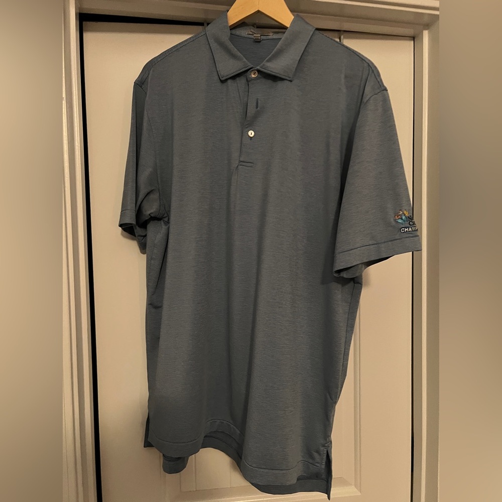 EUC Peter Millar Summer Comfort Polo size Large - blue w/ grey stripe